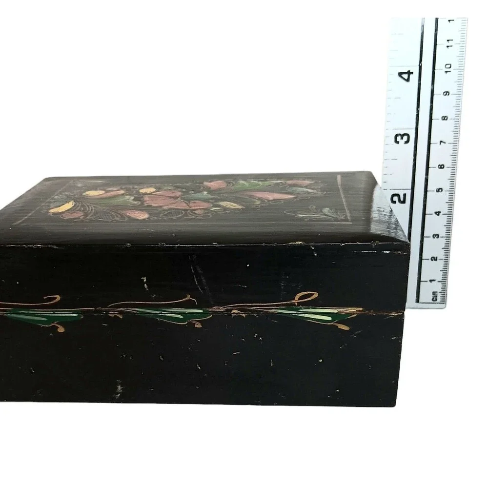 Wooden Jewelry Or Trinket Box Black With Colorful Flowers Handpainted VTG 6x4.25